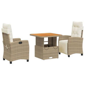 3 pcs conjunto de jantar p/ jardim com almofadões vime PE bege H