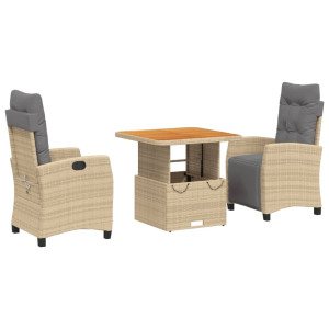 3 pcs conjunto de jantar p/ jardim com almofadões vime PE bege H