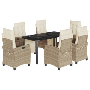 7 pcs conjunto de jantar p/ jardim com almofadões vime PE bege H