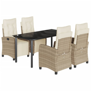 5 pcs conjunto de jantar p/ jardim com almofadões vime PE bege H