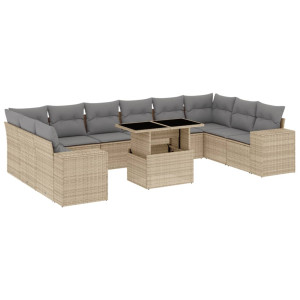 Set de sofás de jardín 11pzas con cojines ratán sintético beige H