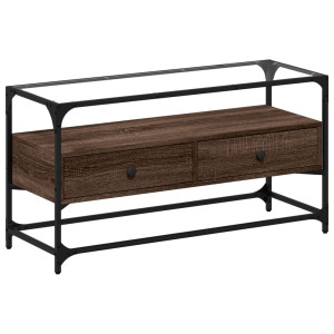 Mueble TV cristal y madera ingeniería marrón roble 98x35x51 cm H