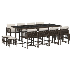 Set muebles de jardín 13 pzas y cojines ratán sintético marrón H