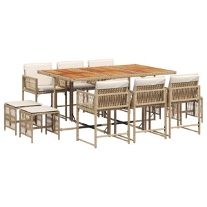 11 pcs conjunto de jantar p/ jardim com almofadões vime PE bege H