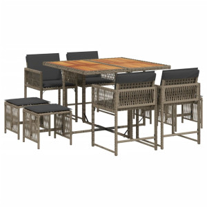 9 pcs conjunto de jantar p/ jardim c/ almofadões vime PE cinza H