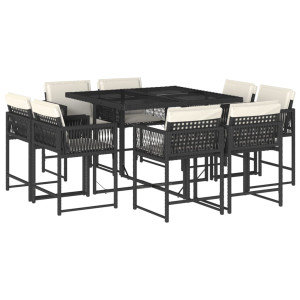9 pcs conjunto de jantar p/ jardim c/ almofadões vime PE preto H