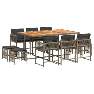 11 pcs conjunto jantar p/ jardim c/ almofadões vime PE cinzento H