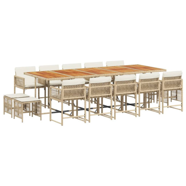 Set comedor de jardín con cojines 15 pzas ratán sintético beige M 2