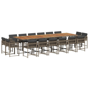 17 pcs conj. de jantar p/ jardim c/ almofadões vime PE cinzento H