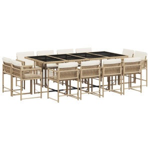 Set comedor de jardín con cojines 13 pzas ratán sintético beige H
