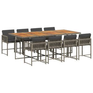 9 pcs conjunto de jantar p/ jardim c/ almofadões vime PE cinza H
