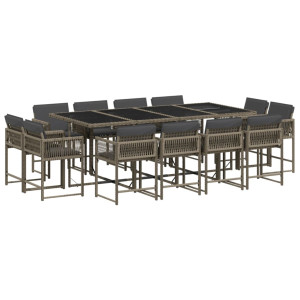 Set comedor de jardín con cojines 13 pzas ratán sintético gris H