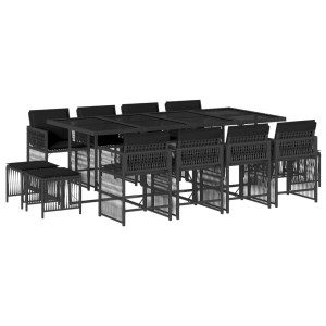13 pcs conjunto de jantar p/jardim com almofadões vime PE preto H