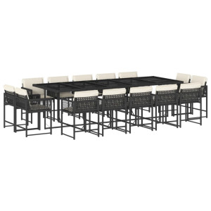 Set comedor de jardín con cojines 15 pzas ratán sintético negro H