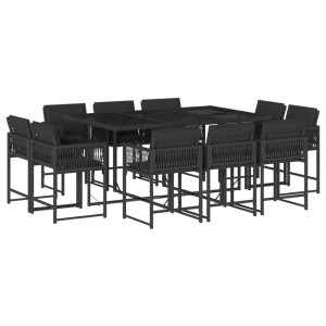 11 pcs conjunto de jantar p/ jardim c/ almofadões vime PE preto H