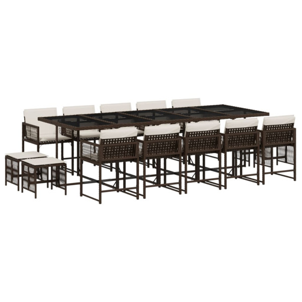 Set comedor de jardín y cojines 15 pzas ratán sintético marrón M 2