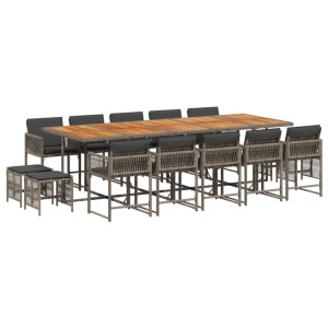 15 pcs conjunto jantar p/ jardim c/ almofadões vime PE cinzento H