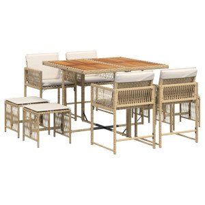 9 pcs conjunto de jantar p/ jardim com almofadões vime PE bege H