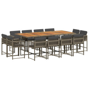 Set comedor de jardín con cojines 13 pzas ratán sintético gris H