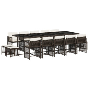 Set comedor de jardín y cojines 15 pzas ratán sintético marrón H