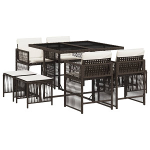 Set comedor para jardín 9 pzas y cojines ratán sintético marrón H