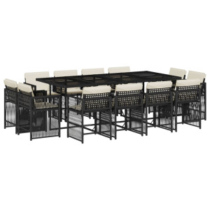 Set comedor de jardín con cojines 13 pzas ratán sintético negro H