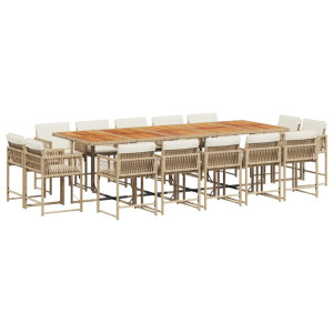 Conjunto de jantar de jardim com almofadas 15 pcs bege sintético rattan H