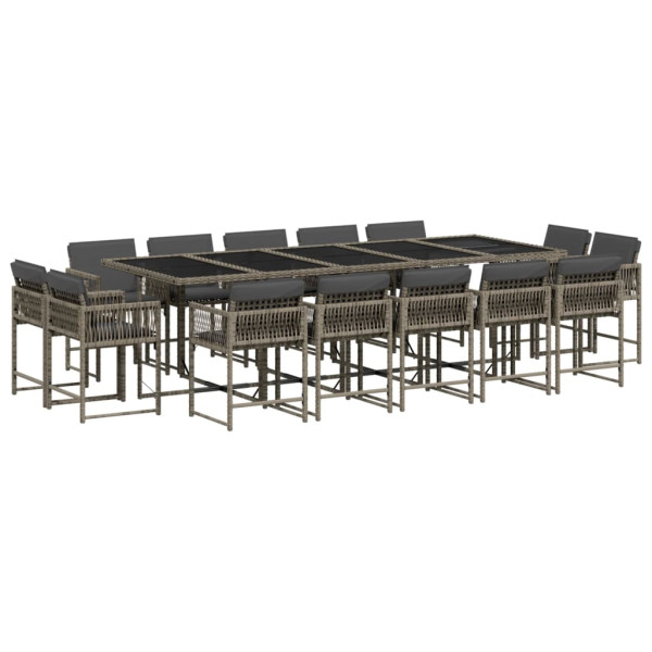 Set comedor de jardín con cojines 15 pzas ratán sintético gris M 2