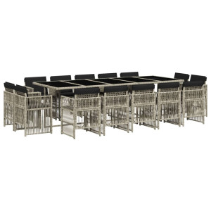 Set comedor jardín y cojines 15 pzas ratán sintético gris claro H