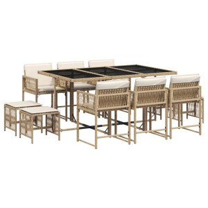 Set comedor de jardín 11 pzas con cojines ratán sintético beige H