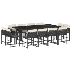 Set comedor de jardín con cojines 13 pzas ratán sintético negro H