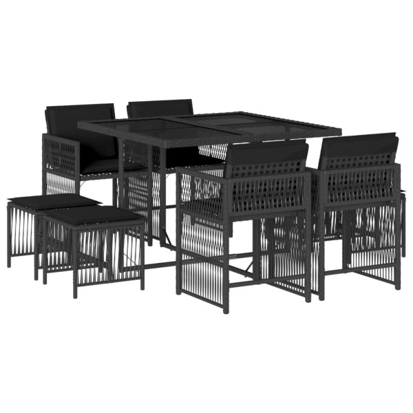 Set de comedor de jardín 9 pzas y cojines ratán sintético negro M 2