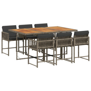 7 pcs conjunto de jantar p/ jardim c/ almofadões vime PE cinza H