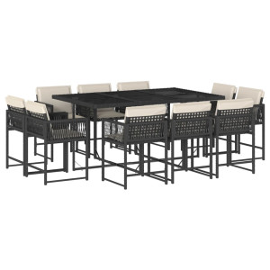 11 pcs conjunto de jantar p/ jardim c/ almofadões vime PE preto H