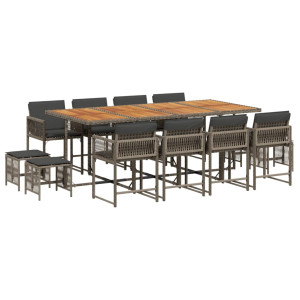 Set comedor de jardín con cojines 13 pzas ratán sintético gris H