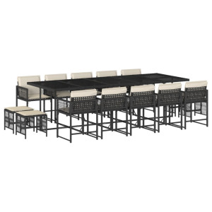 Set comedor de jardín con cojines 15 pzas ratán sintético negro H