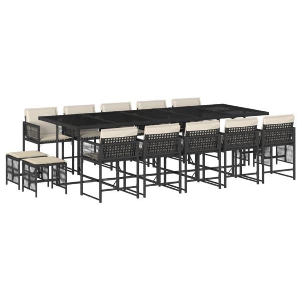Set comedor de jardín con cojines 15 pzas ratán sintético negro M 2