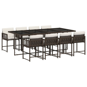 Set comedor para jardín 9 pzas y cojines ratán sintético marrón H