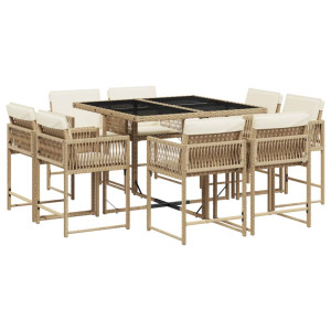 Conjunto de jantar de jardim de 9 peças com almofadas de vime sintético bege H