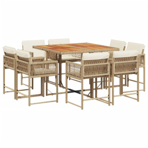 Conjunto de jantar de jardim de 9 peças com almofadas de vime sintético bege H