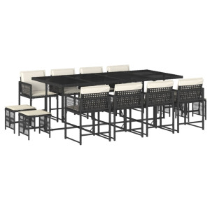 13 pcs conjunto de jantar p/jardim com almofadões vime PE preto H