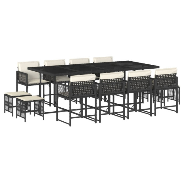 13 pcs conjunto de jantar p/jardim com almofadões vime PE preto M 2