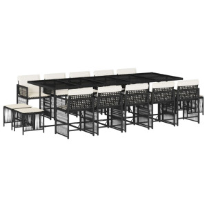 15 pcs conjunto de jantar p/jardim com almofadões vime PE preto H