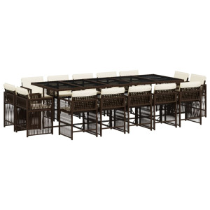 15 pcs conjunto jantar p/ jardim c/ almofadões vime PE castanho H