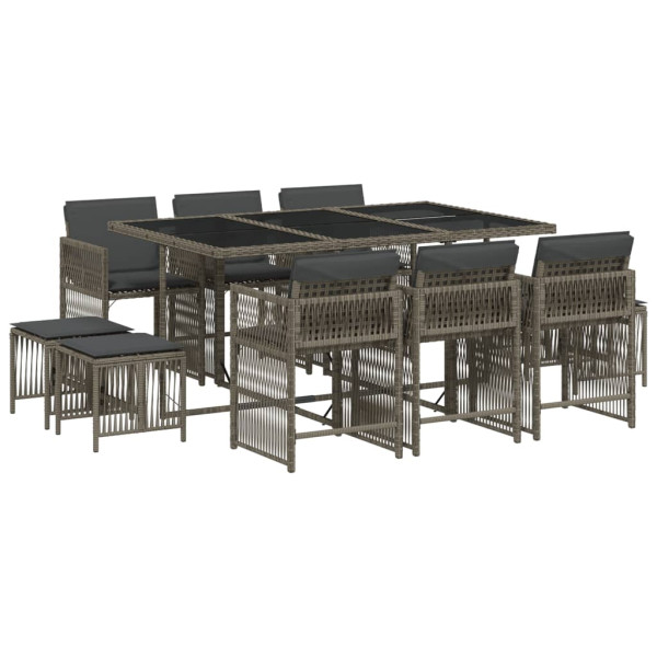 Set de comedor de jardín 11 pzas y cojines ratán sintético gris M 2