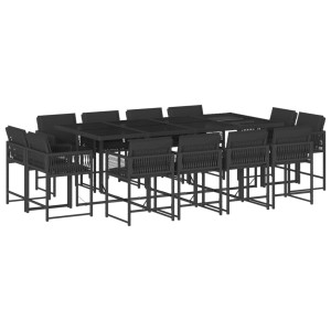 Set comedor de jardín con cojines 13 pzas ratán sintético negro H