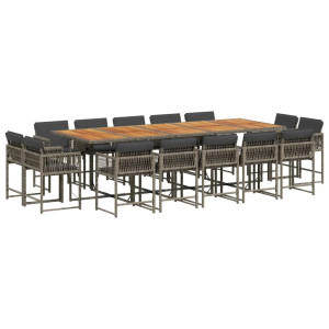 15 pcs conjunto jantar p/ jardim c/ almofadões vime PE cinzento H
