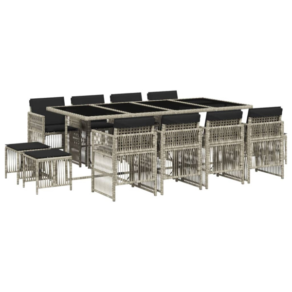 Set comedor jardín y cojines 13 pzas ratán sintético gris claro M 2