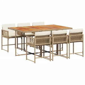 7 pcs conjunto de jantar p/ jardim com almofadões vime PE bege H