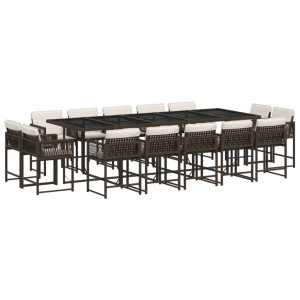 15 pcs conjunto jantar p/ jardim c/ almofadões vime PE castanho H